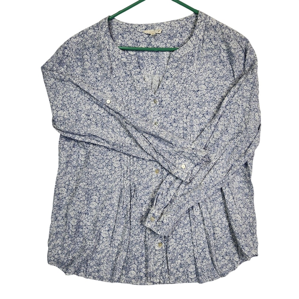 Jane + Delancey Blue Floral Pleated Blouse XL Boho Cottagecore Coastal Grandma